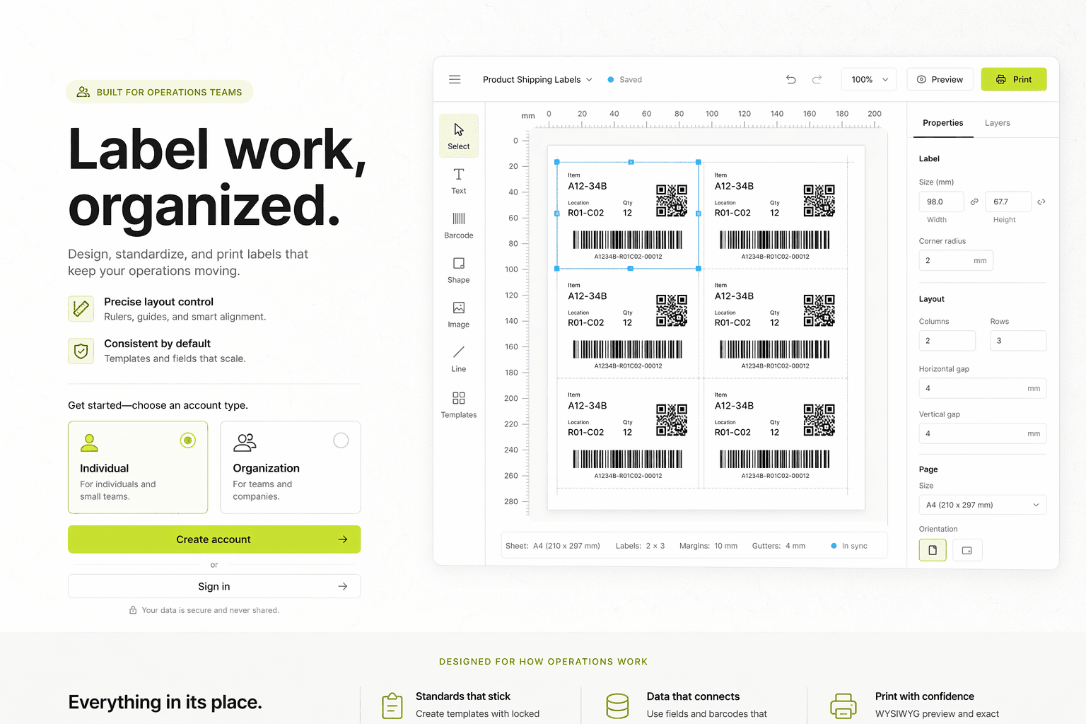 Taglyx label editor showing a calibrated sheet with product labels, barcodes, rulers, and layout controls