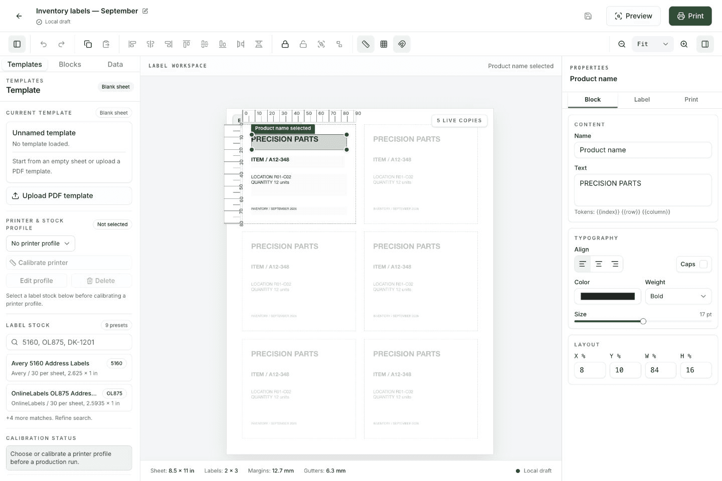 Taglyx editor with a sample inventory label sheet, Templates, Blocks and Data tools, and label properties